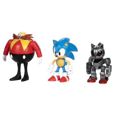 Três figuras de ação Sonic: Dr. Eggman, Sonic azul e robô cinza metálico