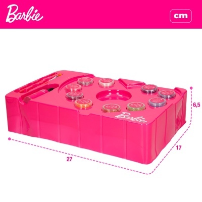 Bloco plástico cor-de-rosa com frascos coloridos e texto Branco