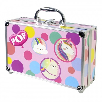 Mala pequena cor-de-rosa com desenhos de unicórnios e balão POP
