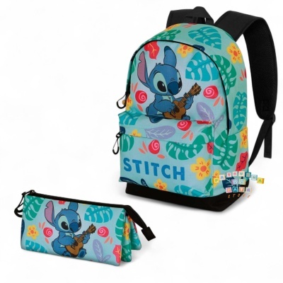 Conjunto Escolar Guitar Stitch Disney - Mochila escolar 44cm adaptable + porta-lápis triplo