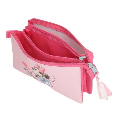 Estojo escolar rosa com imagem da Minnie Mouse e fecho de correr