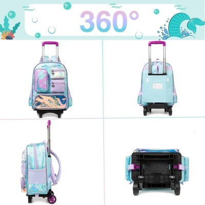 Mochila trolley azul turquesa com padrão de sereia vista em várias perspetivas