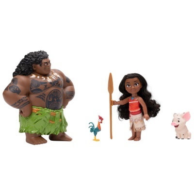 Conjunto de bonecos infantis do filme Moana com personagens Maui, Moana, Hei Hei e Pua.
