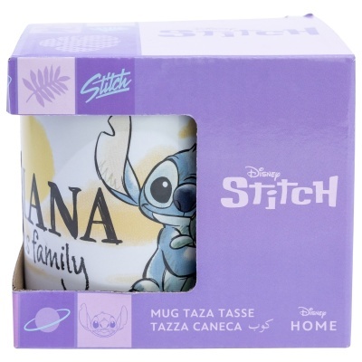 Caneca branca com desenho de Stitch embalada numa caixa roxa com texto Disney Stitch