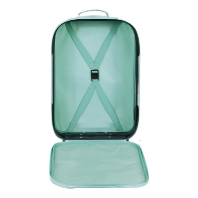 Mala de viagem verde-água aberta com interior rígido e fita cruzada