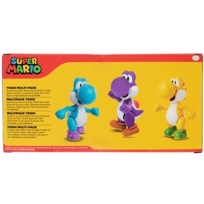 Embalagem Super Mario com figuras Yoshi azul, roxo e amarelo