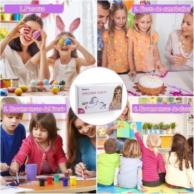 Quatro cenas de crianças em diferentes atividades festivas, com embalagem central do produto Unicorn Party.