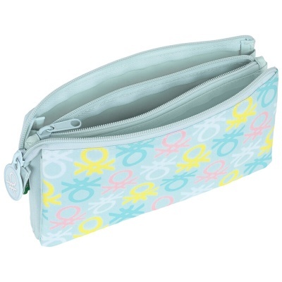 Estojo escolar azul claro com padrão colorido de símbolos femininos e fecho de correr