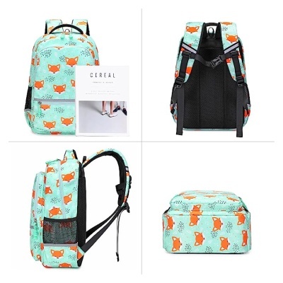 Mochila azul claro com padrão de raposas laranja vista de vários ângulos