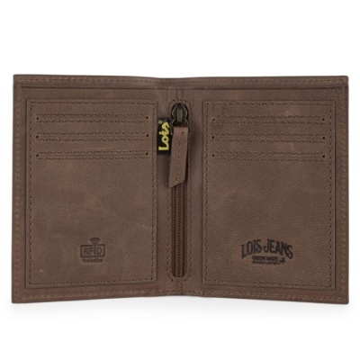 Carteira castanha em pele com compartimentos para cartões e fecho central