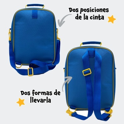 Mochila azul com alças ajustáveis em duas posições e detalhes amarelos