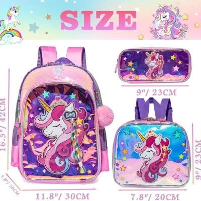 Conjunto Escolar Unicorn Hair - Mochila + lancheira + porta-lápis