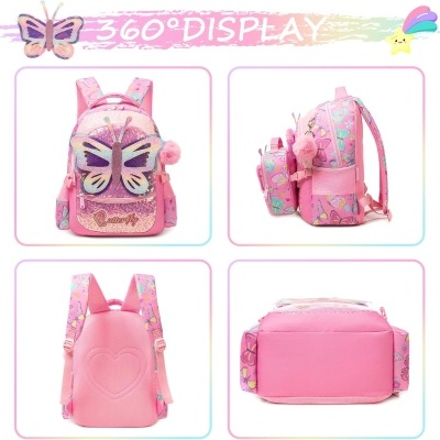 Mochila infantil rosa com borboleta e pompom