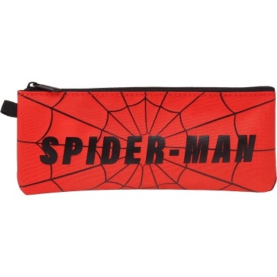 Estojo escolar vermelho com padrão de teia e texto SPIDER-MAN.