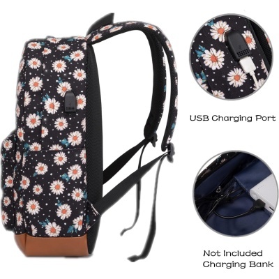 Mochila preta com padrão de margaridas e porta USB para carregamento