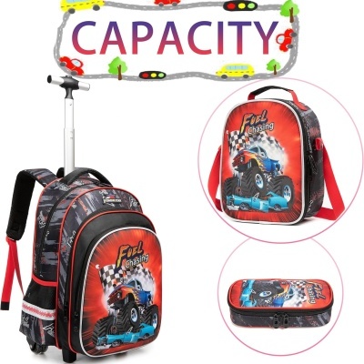 Conjunto de mochila, lancheira e estojo com estampa de carrinho de corrida monstruoso e texto Fuel chasing.