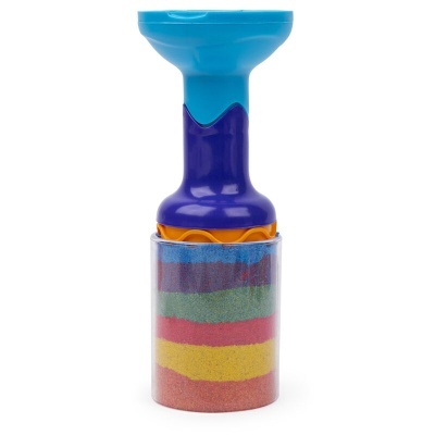 Dispensador plástico azul e roxo com areia colorida em camadas