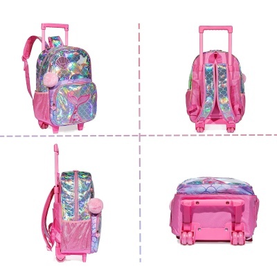 Mochila rosa colorida com rodas e puxador retrátil, vista de vários ângulos