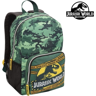 Mochila infantil camuflada verde com bolso frontal estampado Jurassic World