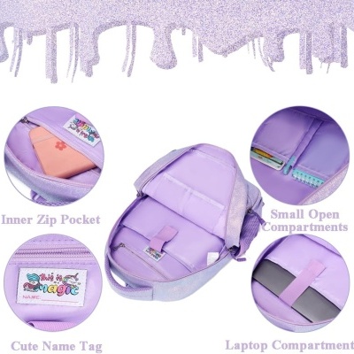 Mochila lilás com vários compartimentos internos e etiqueta decorativa