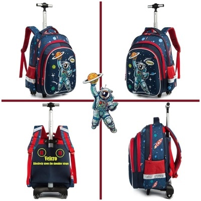 Mochila escolar azul e vermelha com estampa de astronauta e rodas