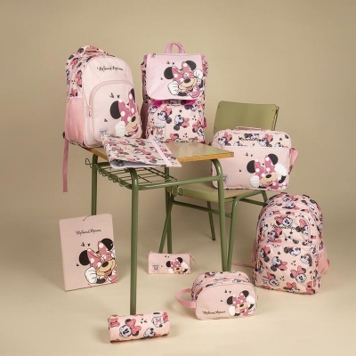 Conjunto de mochila e acessórios escolares Minnie Mouse em rosa com cadeira e mesa escolar verde