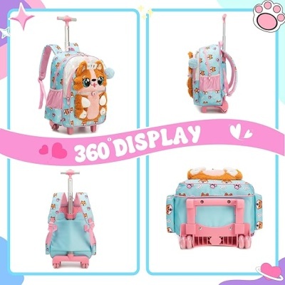 Mochila de rodinhas azul claro com pupador rosa e peluche de animal frontal