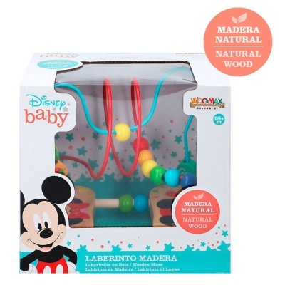 Brinquedo labirinto de madeira colorido para bebés Disney na embalagem com imagem do Mickey Mouse