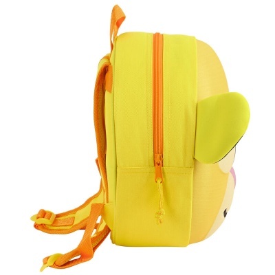 Mochila infantil amarela com fecho laranja e rosto tridimensional em tecido amarelo claro