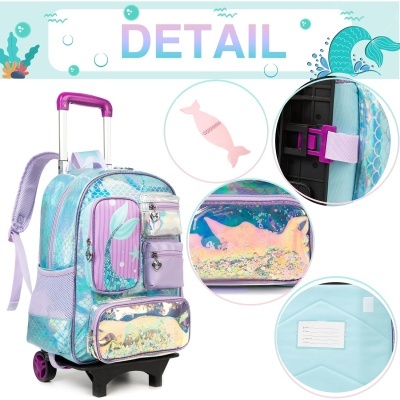 Mala de rodas infantil com padrão de sereia azul e lilás