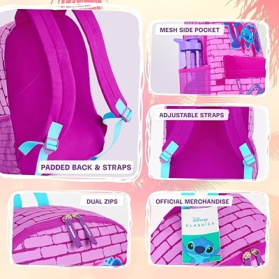 Mochila cor-de-rosa com alças acolchoadas e bolso lateral de rede