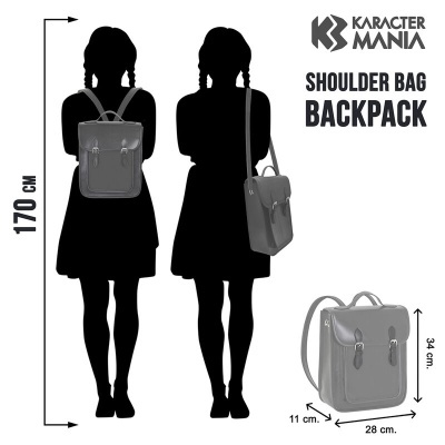 Imagem da mala Shoulder Bag Backpack cinza com dimensões e silhueta feminina de 170 cm
