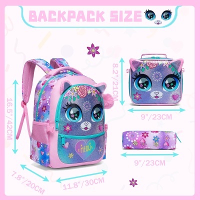 Conjunto Escolar Gatinha Meow - Mochila + lancheira + porta-lápis