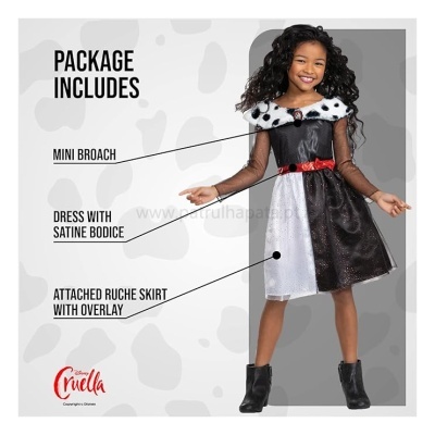 Vestido infantil preto e branco estilo Cruella com gola de pelo falso e cinto vermelho