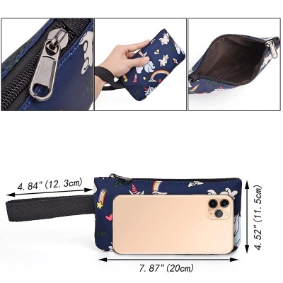 Carteira azul escura com padrão de unicórnio e arco-íris com fecho de correr