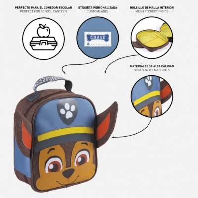 Mochila infantil com estampa do personagem Chase e bolso interior amarelo
