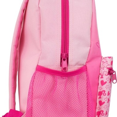 Mochila infantil rosa com bolso em rede e estojo estampado