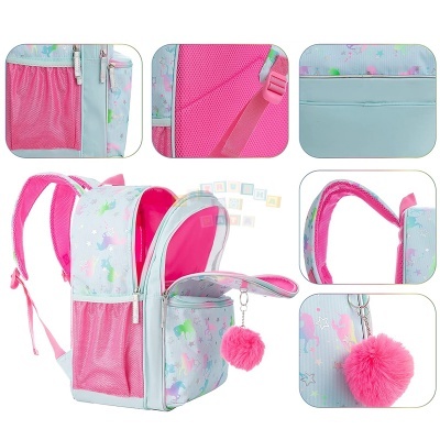 mochila infantil colorida com pompom rosa