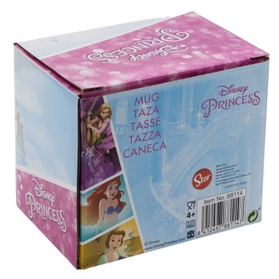 Caixa de embalagem para caneca Disney Princess com imagens das princesas e texto multilingue.