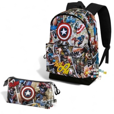 Conjunto Escolar Comic Capitan America Marvel - Mochila Escolar 44cm adaptável + porta-lápis triplo