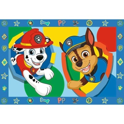 Tapete infantil com personagens de Paw Patrol em vermelho e azul
