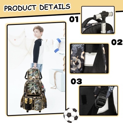 Mochila camuflada e mala de rodinhas com padrão similar e etiquetas GOAL