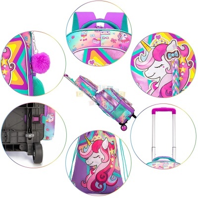 Mochila escolar roxa com unicórnio e rodas
