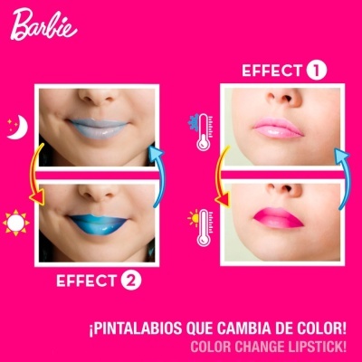 Imagem promocional batons Barbie que mudam de cor com temperatura, mostrando antes e depois em lábios