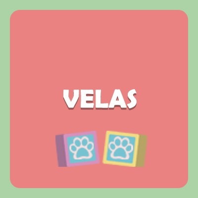 Caixas coloridas com símbolos de patas e texto 'VELAS' em fundo rosa