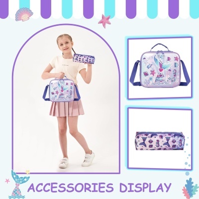 Conjunto de mochila e estojo com padrão de sereia lilás, azul e rosa