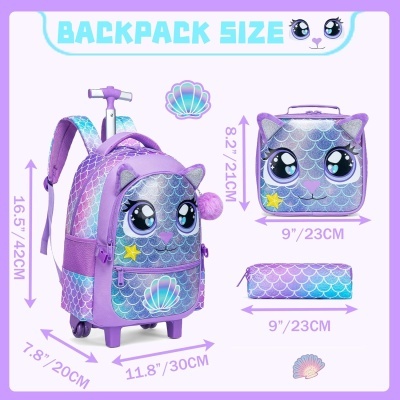 Conjunto Escolar Trolley Gatinha Sereia - Trolley + lancheira + porta-lápis