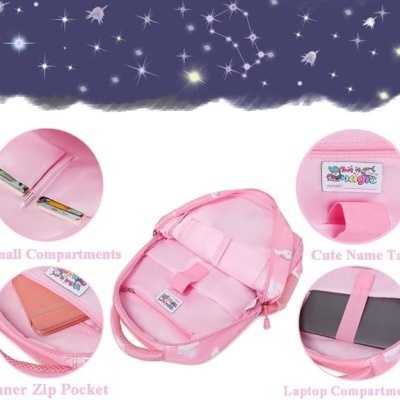 Mochila pequena cor-de-rosa com vários compartimentos e etiquetas para nome