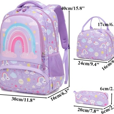 Conjunto Escolar Purple Rainbow 40 cm - Mochila + lancheira + porta-lápis