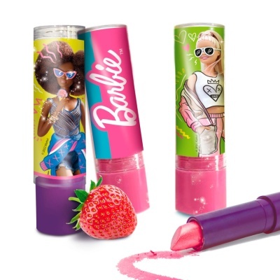 Três batons Barbie com embalagem colorida e batom rosa aberto